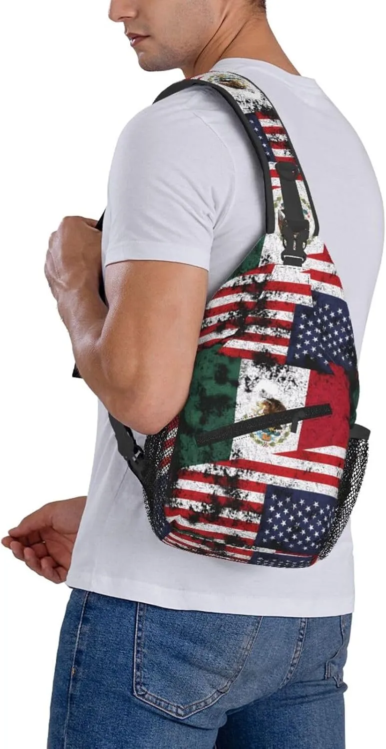 Half Mexico American Flag Chest Sling Bag Crossbody Shoulder Backpack Bag Gym Cycling Daypack Travel Hiking Cross Bag