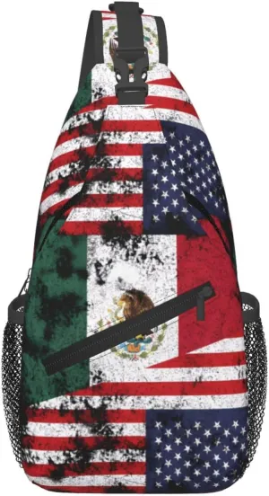 Half Mexico American Flag Chest Sling Bag Crossbody Shoulder Backpack Bag Gym Cycling Daypack Travel Hiking Cross Bag