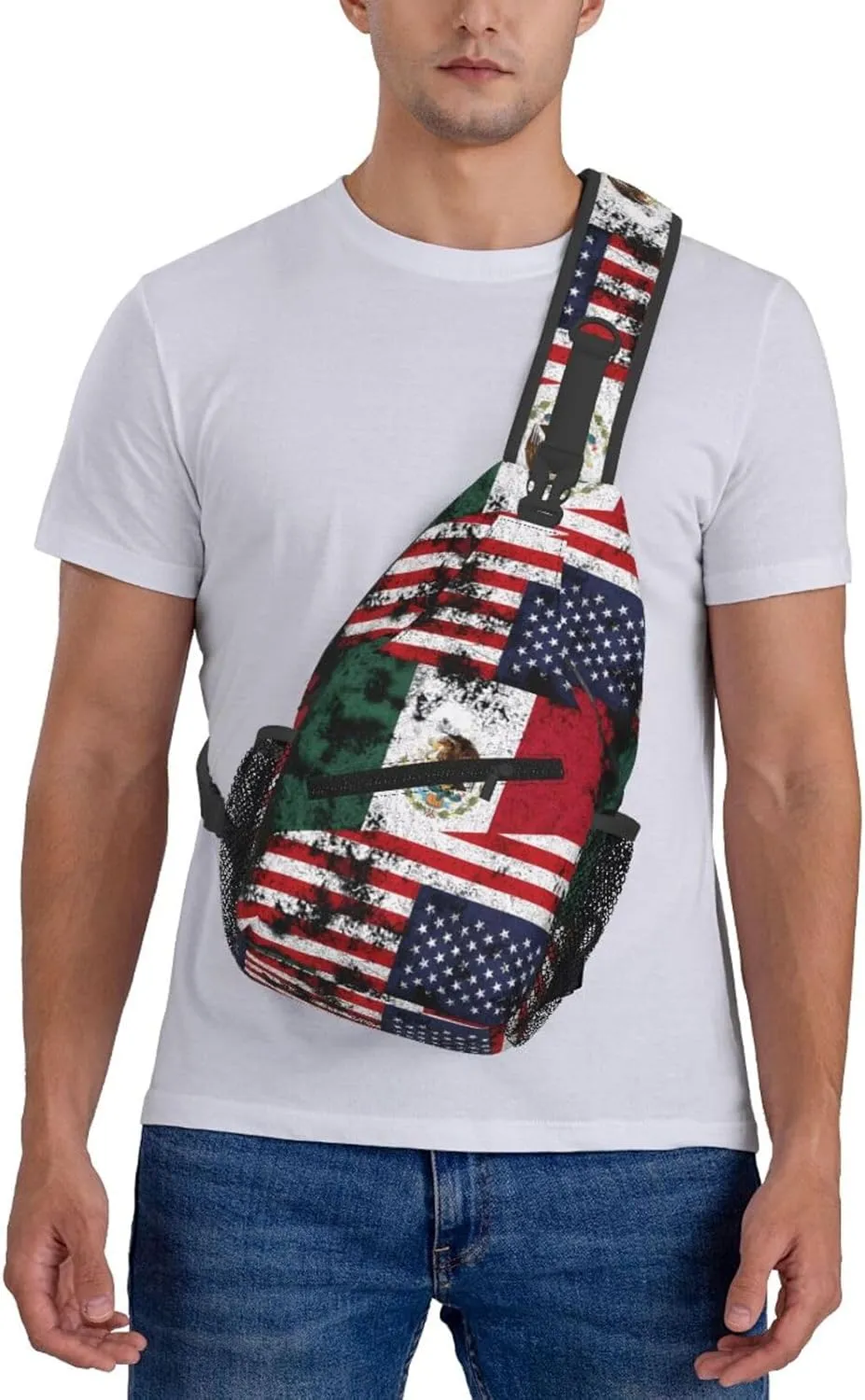 Half Mexico American Flag Chest Sling Bag Crossbody Shoulder Backpack Bag Gym Cycling Daypack Travel Hiking Cross Bag