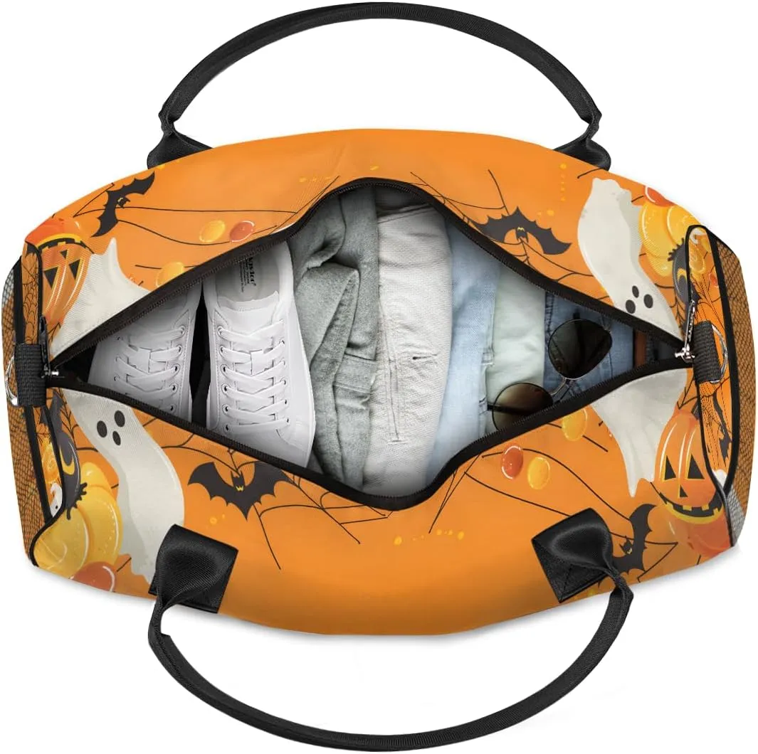 Halloween Ghost Travel Duffle Bag for Women Men Foldable Waterproof Weekender Bag Carry on Tote for Overnight Sports Gym Pumpkin Spiders Webs