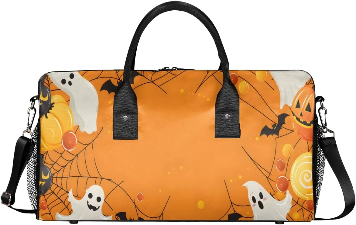 Halloween Ghost Travel Duffle Bag for Women Men Foldable Waterproof Weekender Bag Carry on Tote for Overnight Sports Gym Pumpkin Spiders Webs