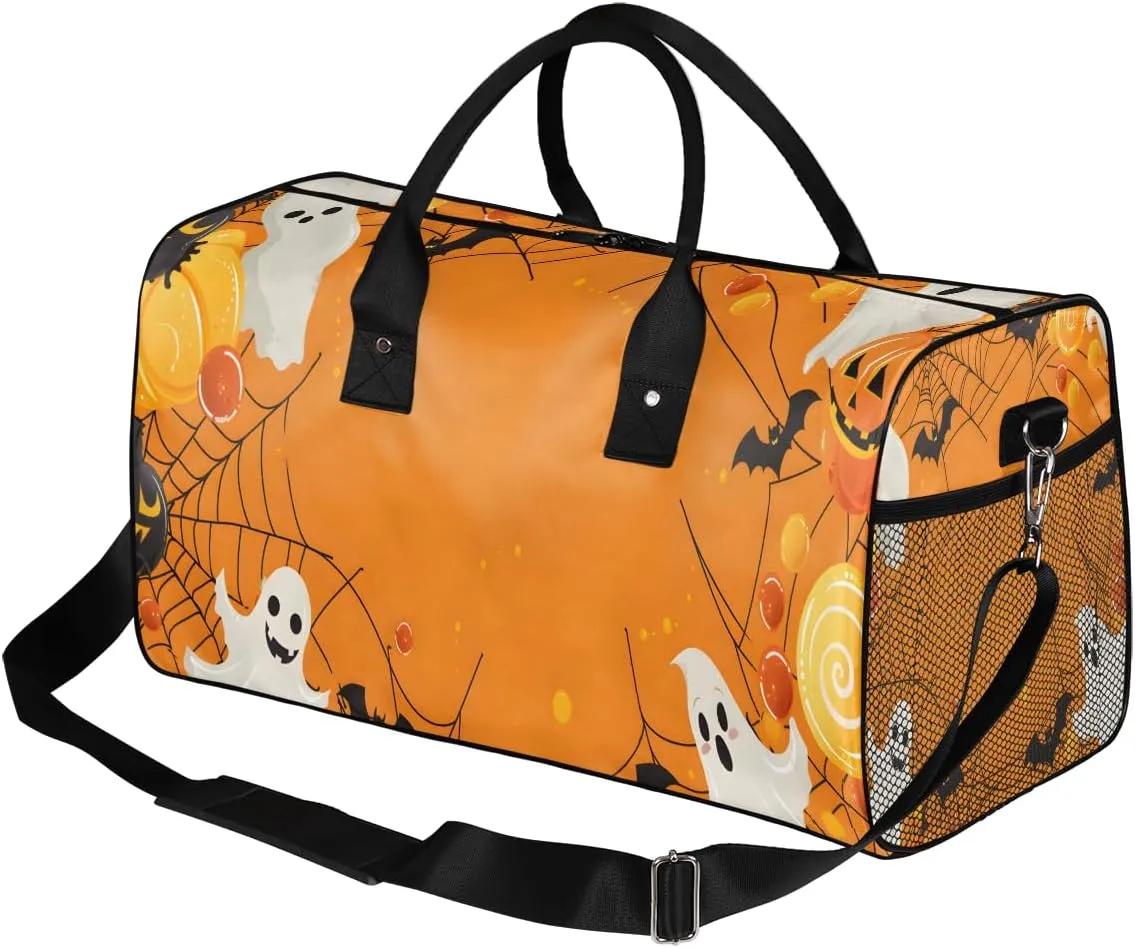Halloween Ghost Travel Duffle Bag for Women Men Foldable Waterproof Weekender Bag Carry on Tote for Overnight Sports Gym Pumpkin Spiders Webs