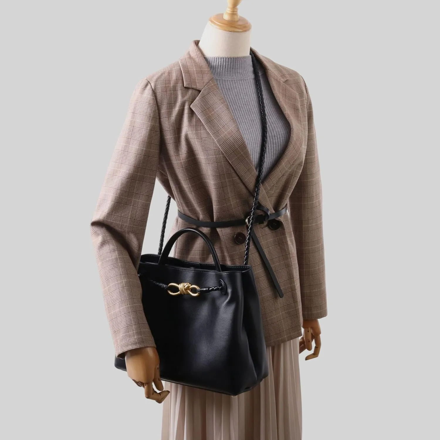Handcrafted Premium Leather Handbag with Metal Rope Buckle, Detachable Braided Strap, Large Capacity