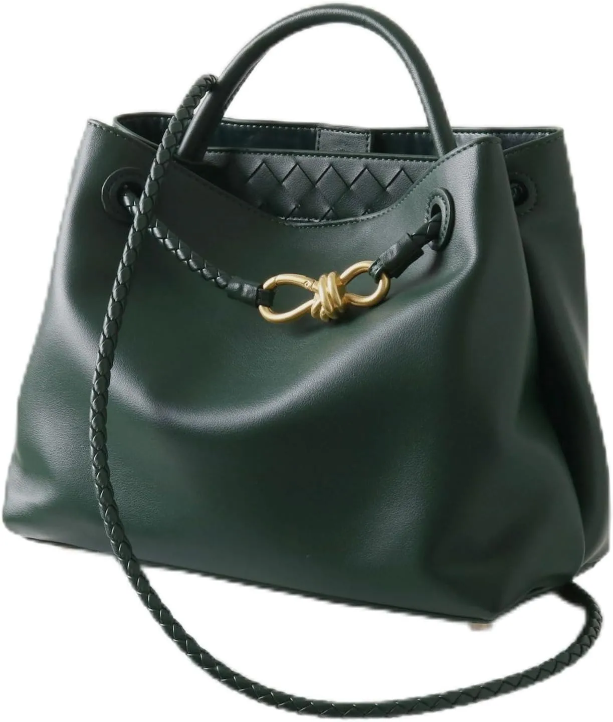 Handcrafted Premium Leather Handbag with Metal Rope Buckle, Detachable Braided Strap, Large Capacity