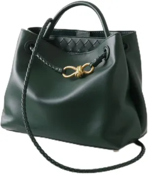 Handcrafted Premium Leather Handbag with Metal Rope Buckle, Detachable Braided Strap, Large Capacity