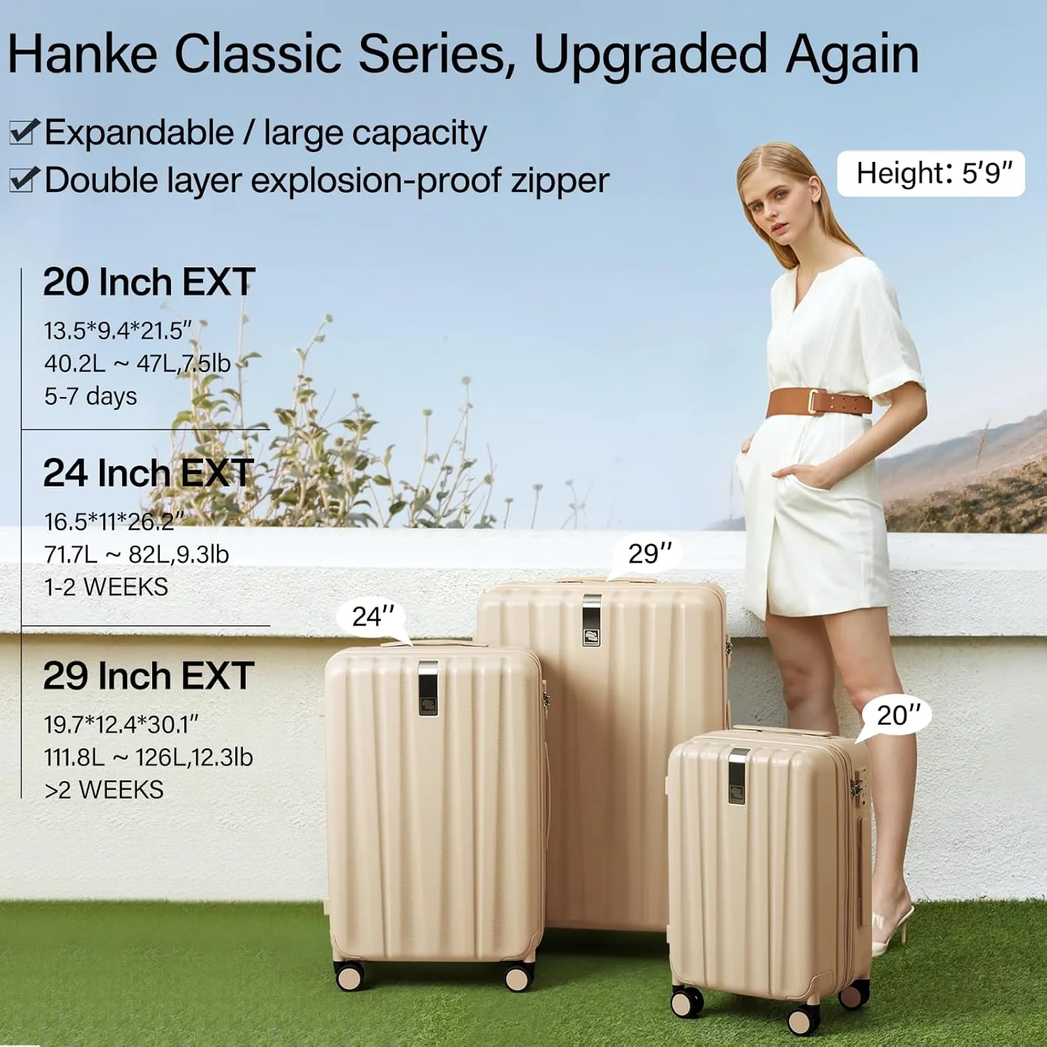 Hanke 20 Inch Expandable Carry on Luggage 22x14x9 Airline Approved Lightweight PC Hard Shell Suitcases with Wheels Travel Luggage Rolling Suitcase Travel Luggage Bag for Weekender(Cuba Sand Pink)