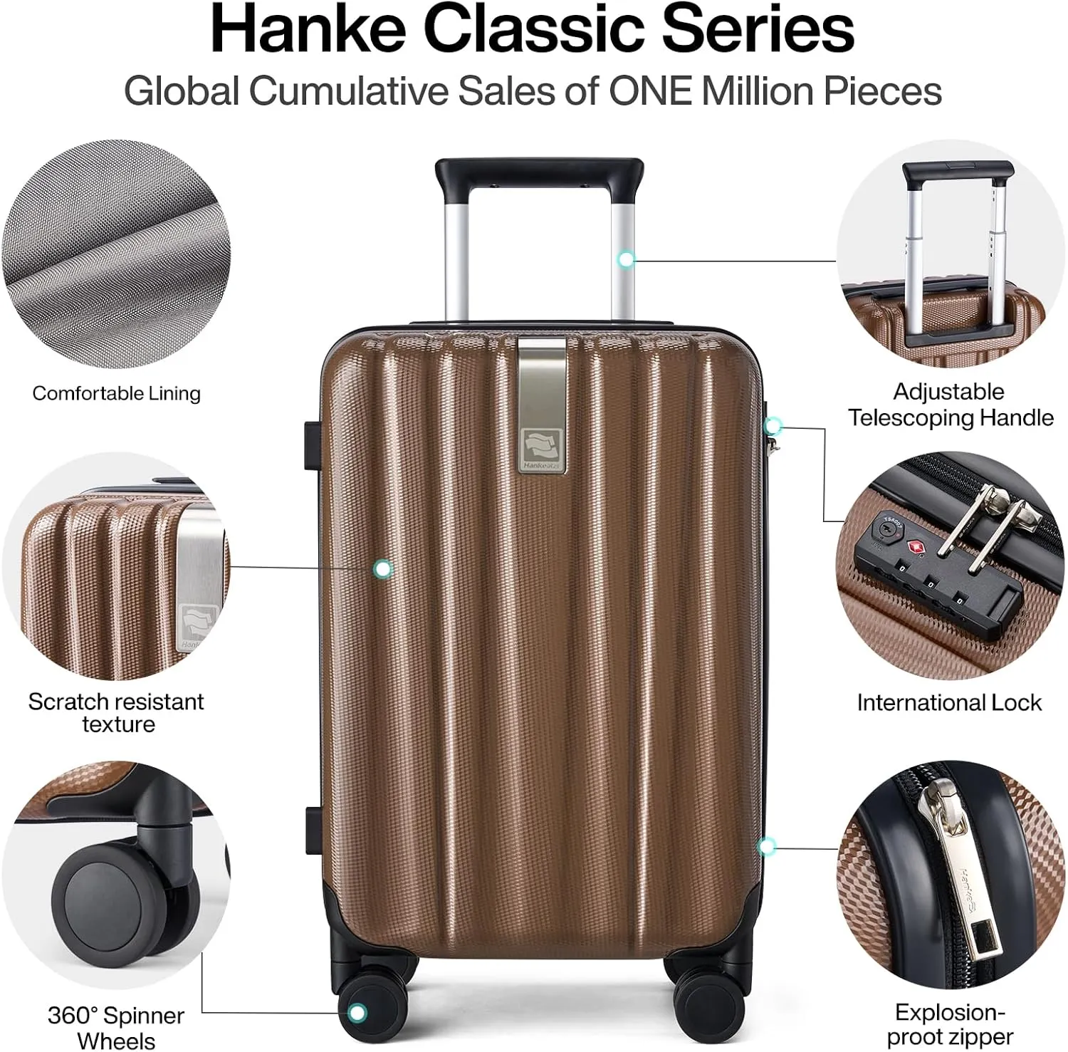 Hanke Luggage Sets 3 piece Carry On Luggage with Wheels PC Hard Shell Suitcases Lightweight Checked Tsa Luggage Extra Large Travel Suitcase Woman Men 20/24/29 Inch （Brown）