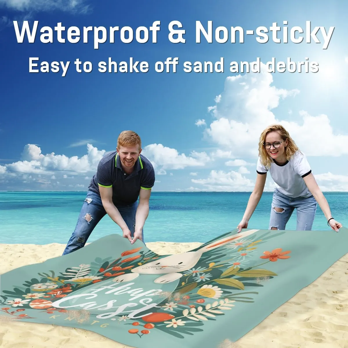 Happy Easter Beach Blanket, Sandproof Beach Mat, Adults Waterproof Quick Drying Sand Free Mat with 4 x Ground Spikes for Outdoor Travel Camping Hiking, Funny Cartoon Rabbit Eggs