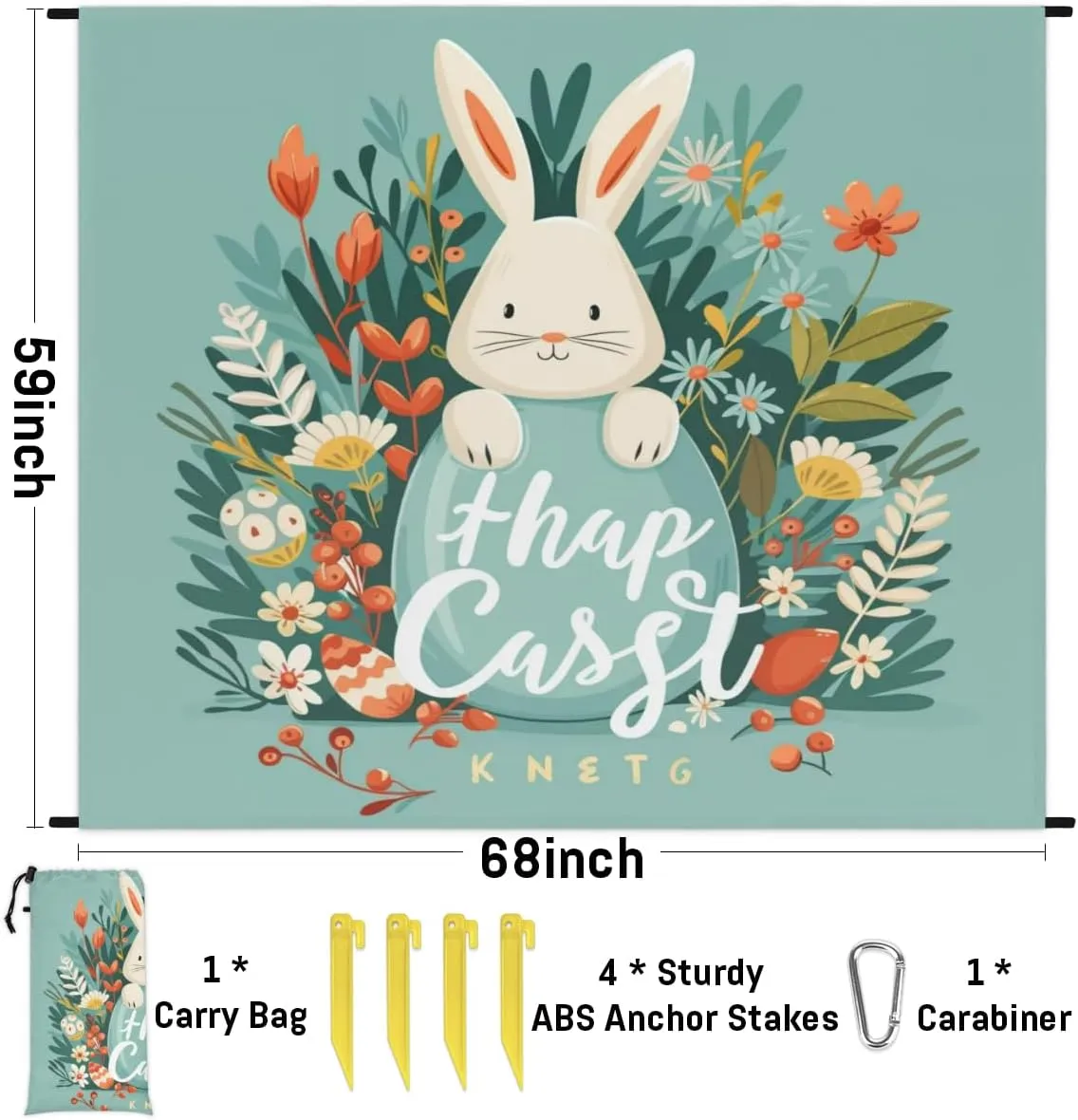 Happy Easter Beach Blanket, Sandproof Beach Mat, Adults Waterproof Quick Drying Sand Free Mat with 4 x Ground Spikes for Outdoor Travel Camping Hiking, Funny Cartoon Rabbit Eggs