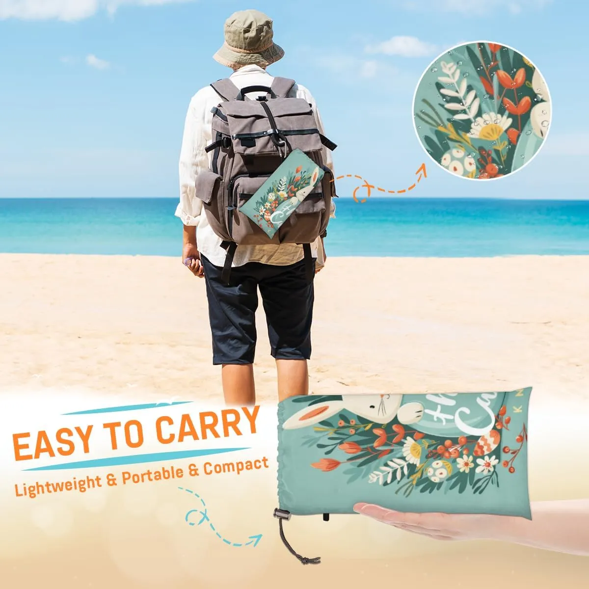 Happy Easter Beach Blanket, Sandproof Beach Mat, Adults Waterproof Quick Drying Sand Free Mat with 4 x Ground Spikes for Outdoor Travel Camping Hiking, Funny Cartoon Rabbit Eggs