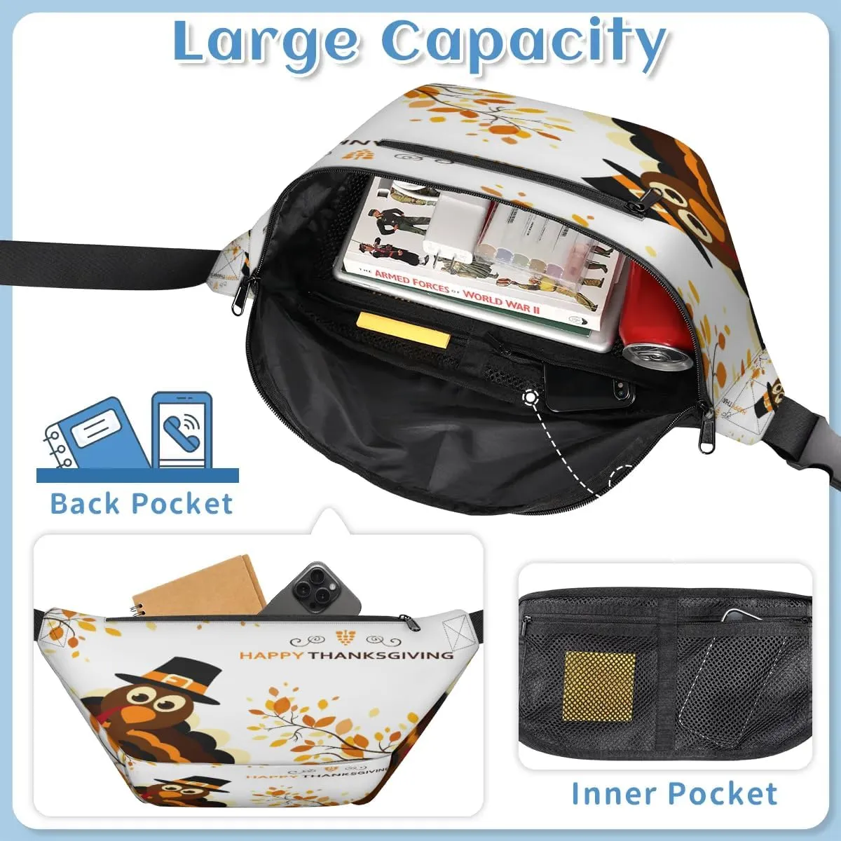 Happy Thanksgiving Theme Turkey Crossbody Sling Bag for Women Men Crossbody Backpack with 4 Zipper Pockets Fanny Pack Shoulder Casual Daypack for Travel Running Hiking Cycling