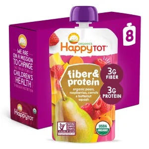 Happy Tot Organics Stage 4 Baby Food Pouches, Gluten Free, Vegan Snack, Fiber & Protein Fruit & Veggie Puree, Pears, Raspberries, Butternut Squash & Carrots, 4 Ounce (Pack of 8)