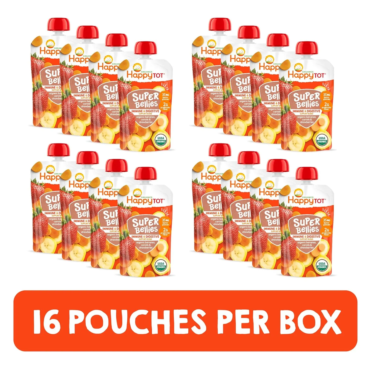 Happy Tot Organics Stage 4 Baby Food Pouches, Gluten Free, Vegan Snack, Super Bellies, Fruit & Veggie Puree, Banana, Carrot & Strawberry 4 Ounce (Pack of 16)