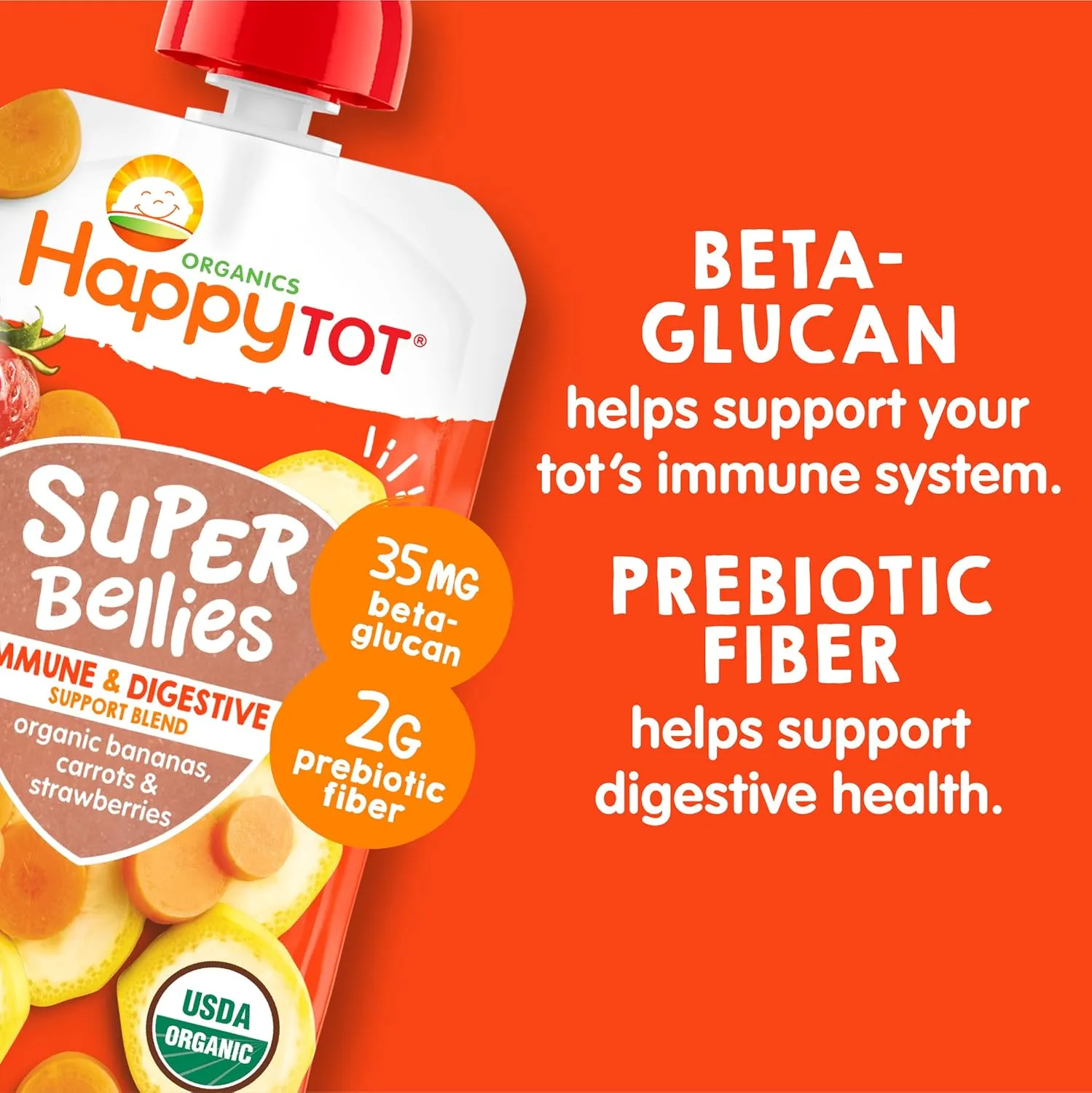 Happy Tot Organics Stage 4 Baby Food Pouches, Gluten Free, Vegan Snack, Super Bellies, Fruit & Veggie Puree, Banana, Carrot & Strawberry 4 Ounce (Pack of 16)