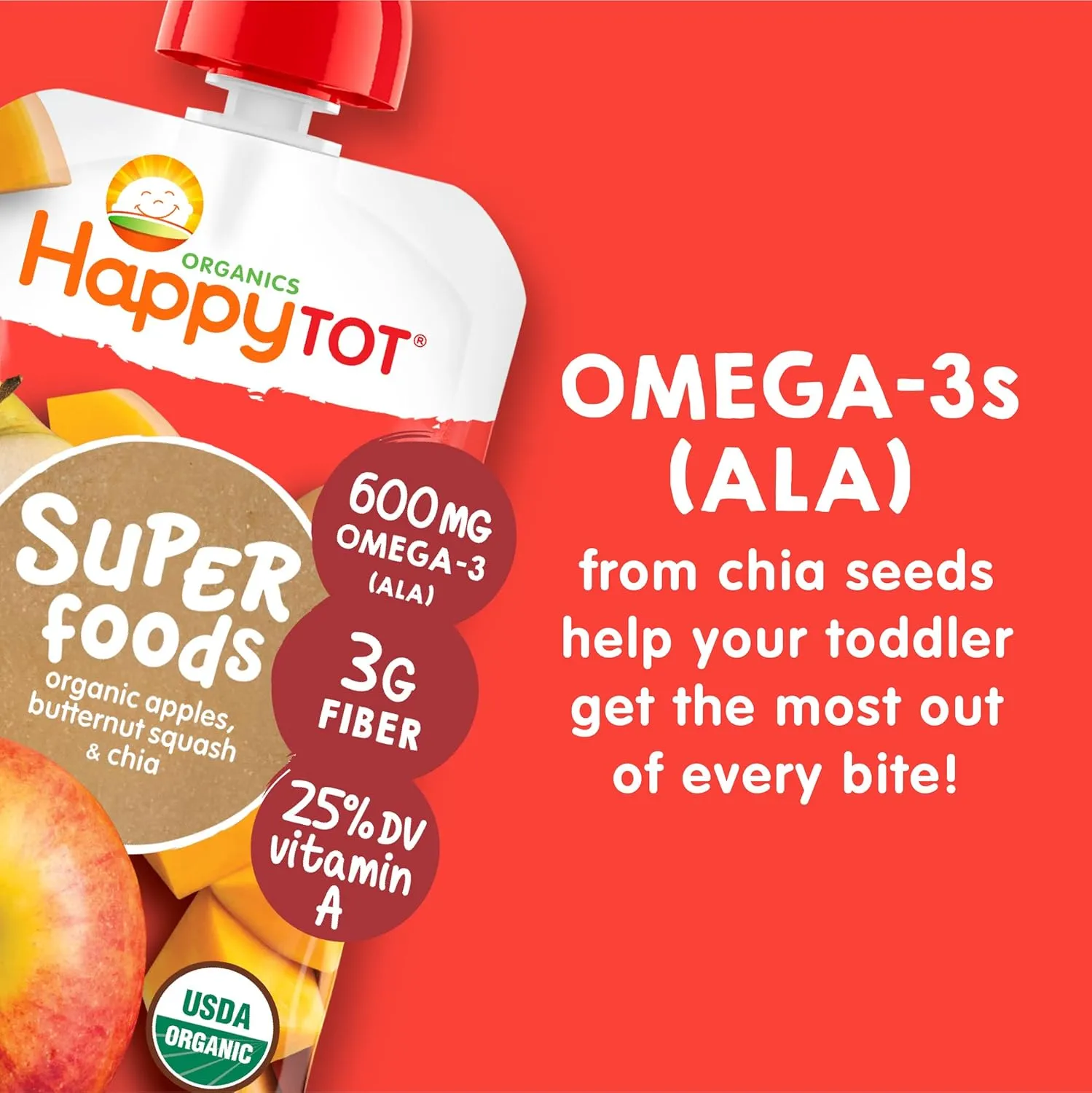 Happy Tot Organics Stage 4 Baby Food Pouches, Gluten Free, Vegan Snack, SuperFoods Fruit & Veggie Puree, Apples, Butternut Squash & Chia, 4.22 Ounce (Pack of 16)
