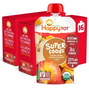 Happy Tot Organics Stage 4 Baby Food Pouches, Gluten Free, Vegan Snack, SuperFoods Fruit & Veggie Puree, Apples, Butternut Squash & Chia, 4.22 Ounce (Pack of 16)