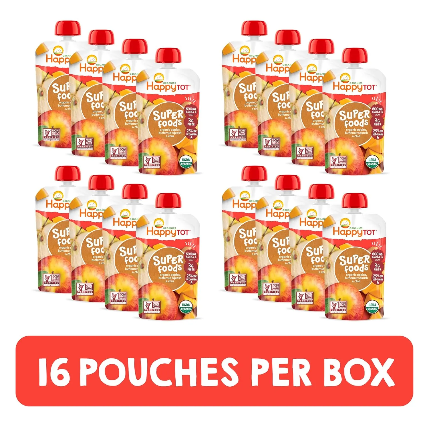 Happy Tot Organics Stage 4 Baby Food Pouches, Gluten Free, Vegan Snack, SuperFoods Fruit & Veggie Puree, Apples, Butternut Squash & Chia, 4.22 Ounce (Pack of 16)