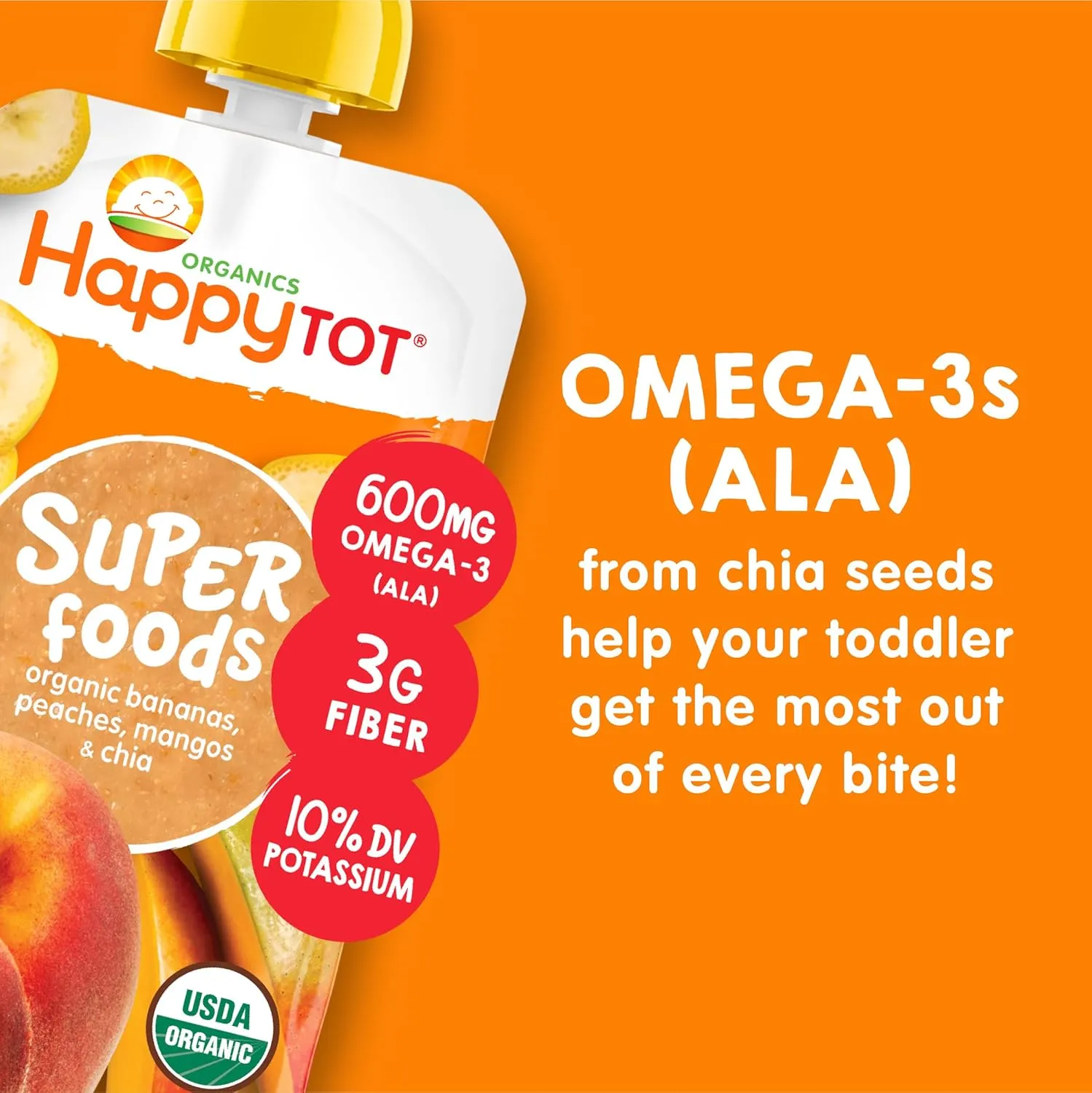 Happy Tot Organics Stage 4 Baby Food Pouches, Gluten Free, Vegan Snack, SuperFoods Fruit & Veggie Puree, Bananas, Peaches, Mangos & Chia, 4.22 Ounce (Pack of 16)