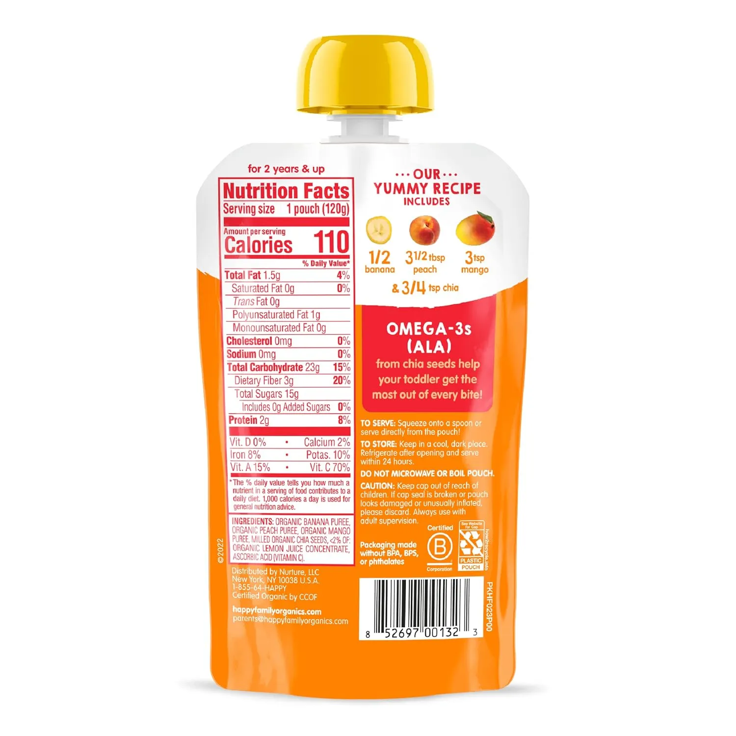 Happy Tot Organics Stage 4 Baby Food Pouches, Gluten Free, Vegan Snack, SuperFoods Fruit & Veggie Puree, Bananas, Peaches, Mangos & Chia, 4.22 Ounce (Pack of 16)
