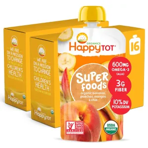 Happy Tot Organics Stage 4 Baby Food Pouches, Gluten Free, Vegan Snack, SuperFoods Fruit & Veggie Puree, Bananas, Peaches, Mangos & Chia, 4.22 Ounce (Pack of 16)