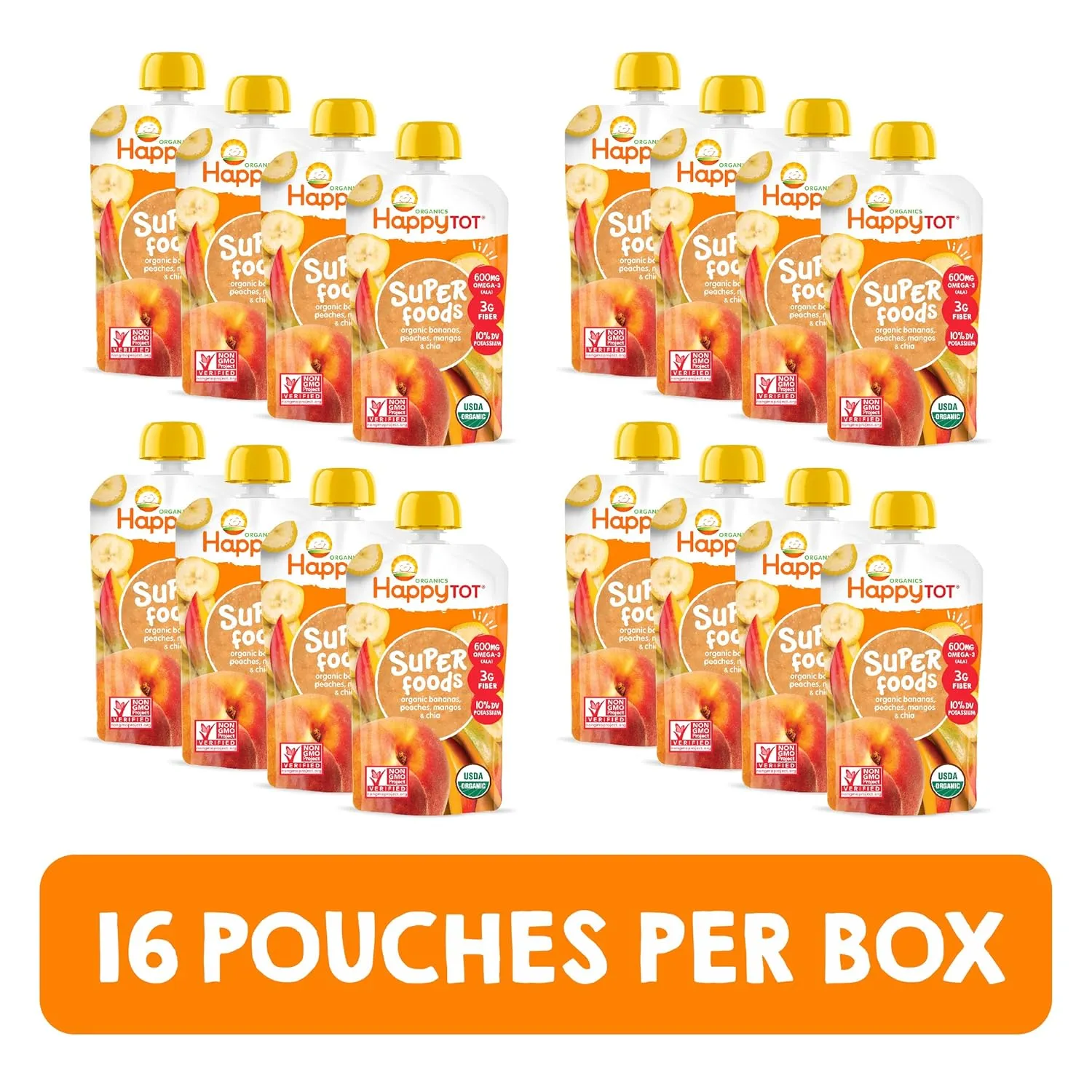 Happy Tot Organics Stage 4 Baby Food Pouches, Gluten Free, Vegan Snack, SuperFoods Fruit & Veggie Puree, Bananas, Peaches, Mangos & Chia, 4.22 Ounce (Pack of 16)