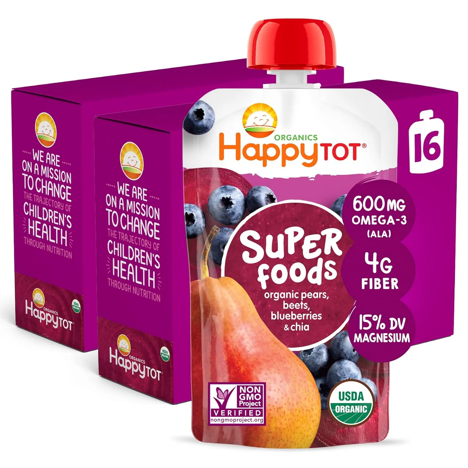 Happy Tot Organics Stage 4 Baby Food Pouches, Gluten Free, Vegan Snack, SuperFoods Fruit & Veggie Puree, Pears, Blueberries, Beets & Chia, 4.22 Ounce (Pack of 16)