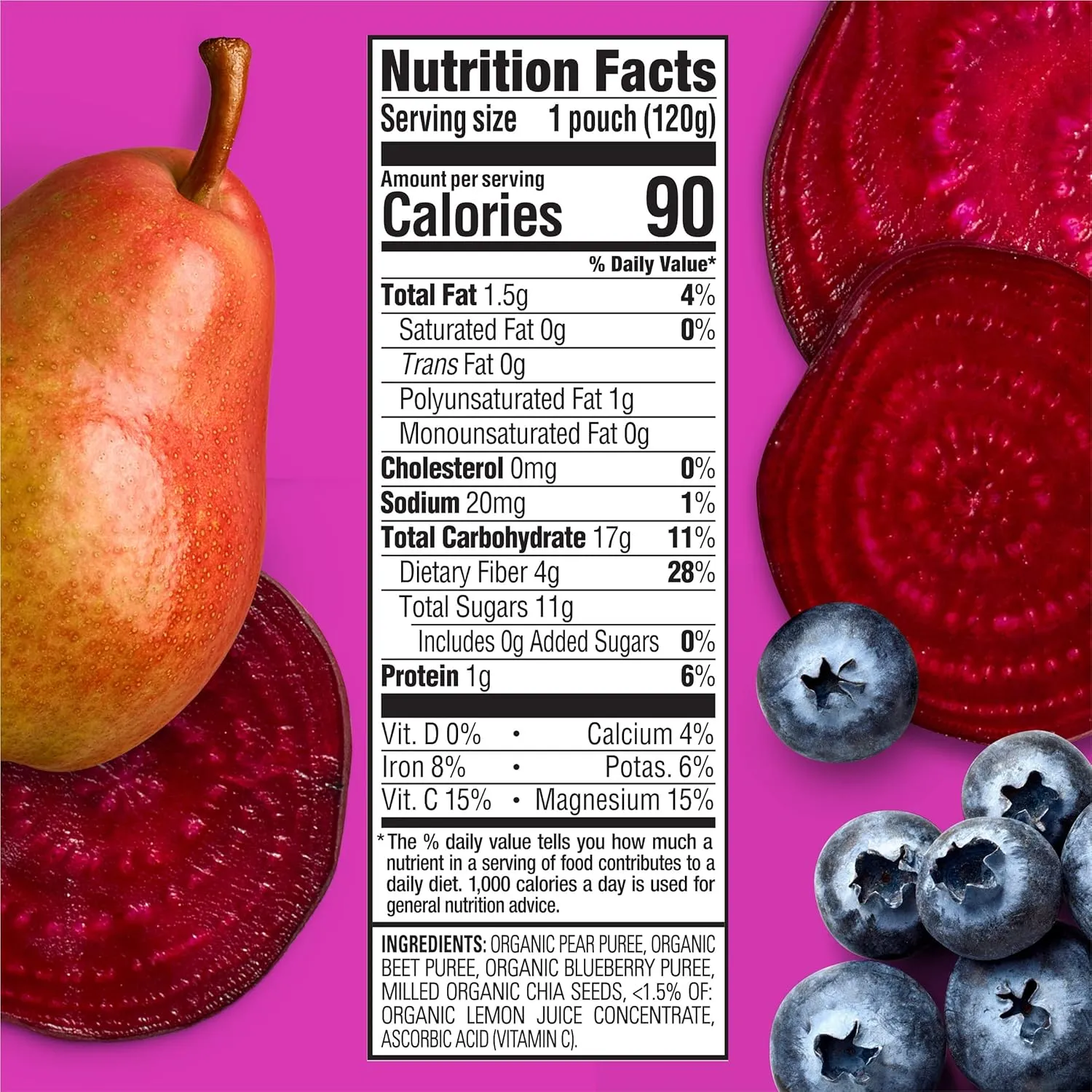 Happy Tot Organics Stage 4 Baby Food Pouches, Gluten Free, Vegan Snack, SuperFoods Fruit & Veggie Puree, Pears, Blueberries, Beets & Chia, 4.22 Ounce (Pack of 16)