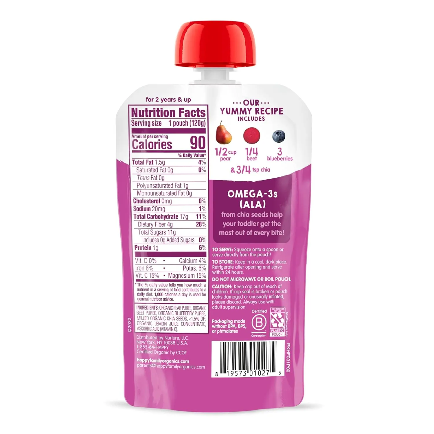 Happy Tot Organics Stage 4 Baby Food Pouches, Gluten Free, Vegan Snack, SuperFoods Fruit & Veggie Puree, Pears, Blueberries, Beets & Chia, 4.22 Ounce (Pack of 16)