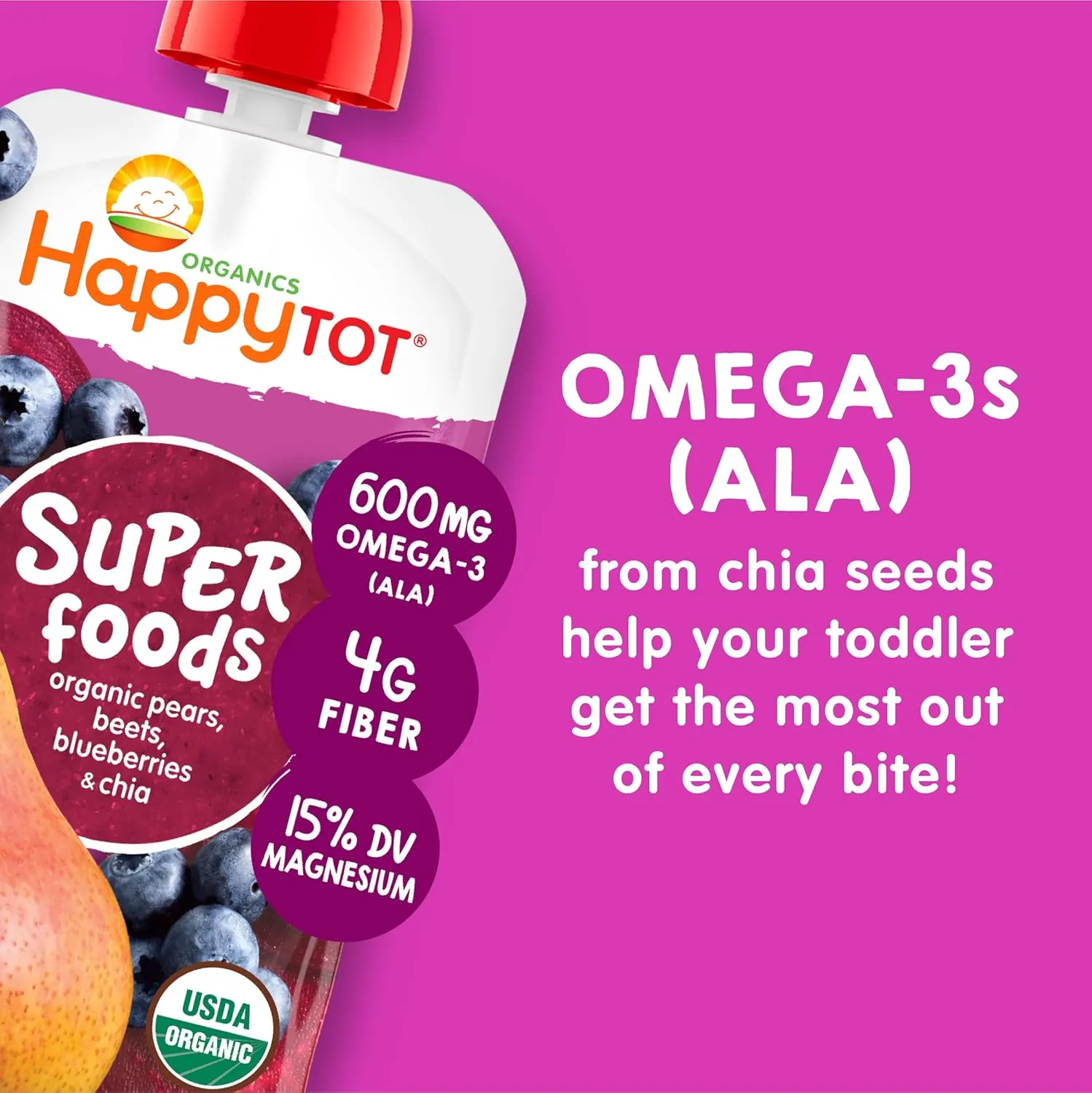 Happy Tot Organics Stage 4 Baby Food Pouches, Gluten Free, Vegan Snack, SuperFoods Fruit & Veggie Puree, Pears, Blueberries, Beets & Chia, 4.22 Ounce (Pack of 16)
