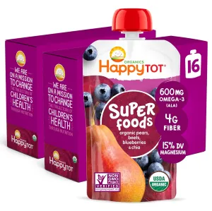 Happy Tot Organics Stage 4 Baby Food Pouches, Gluten Free, Vegan Snack, SuperFoods Fruit & Veggie Puree, Pears, Blueberries, Beets & Chia, 4.22 Ounce (Pack of 16)