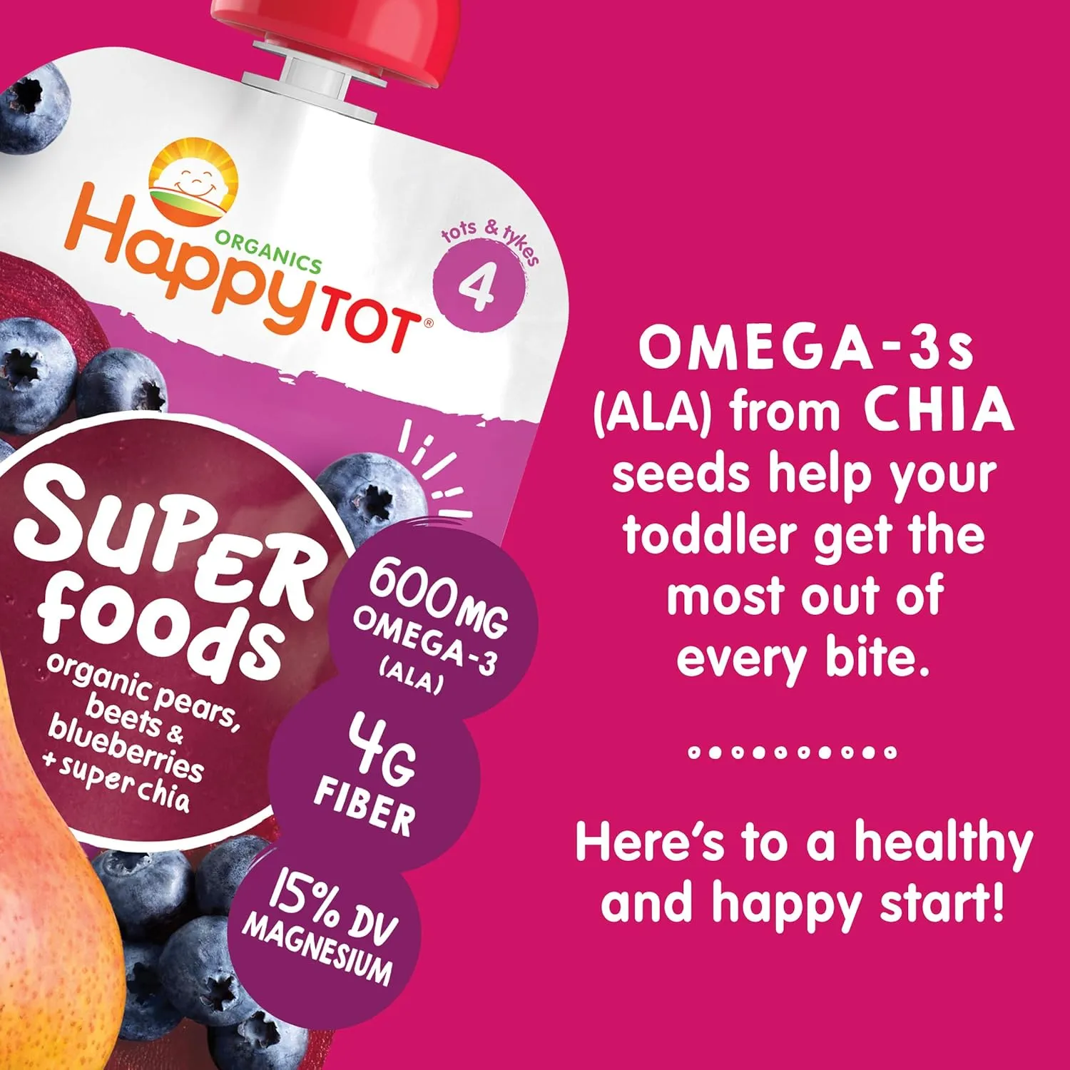 Happy Tot Organics Stage 4 Baby Food Pouches, Gluten Free, Vegan Snack, SuperFoods Fruit & Veggie Puree, Pears, Blueberries, Beets & Chia, 4.22 Ounce (Pack of 16)