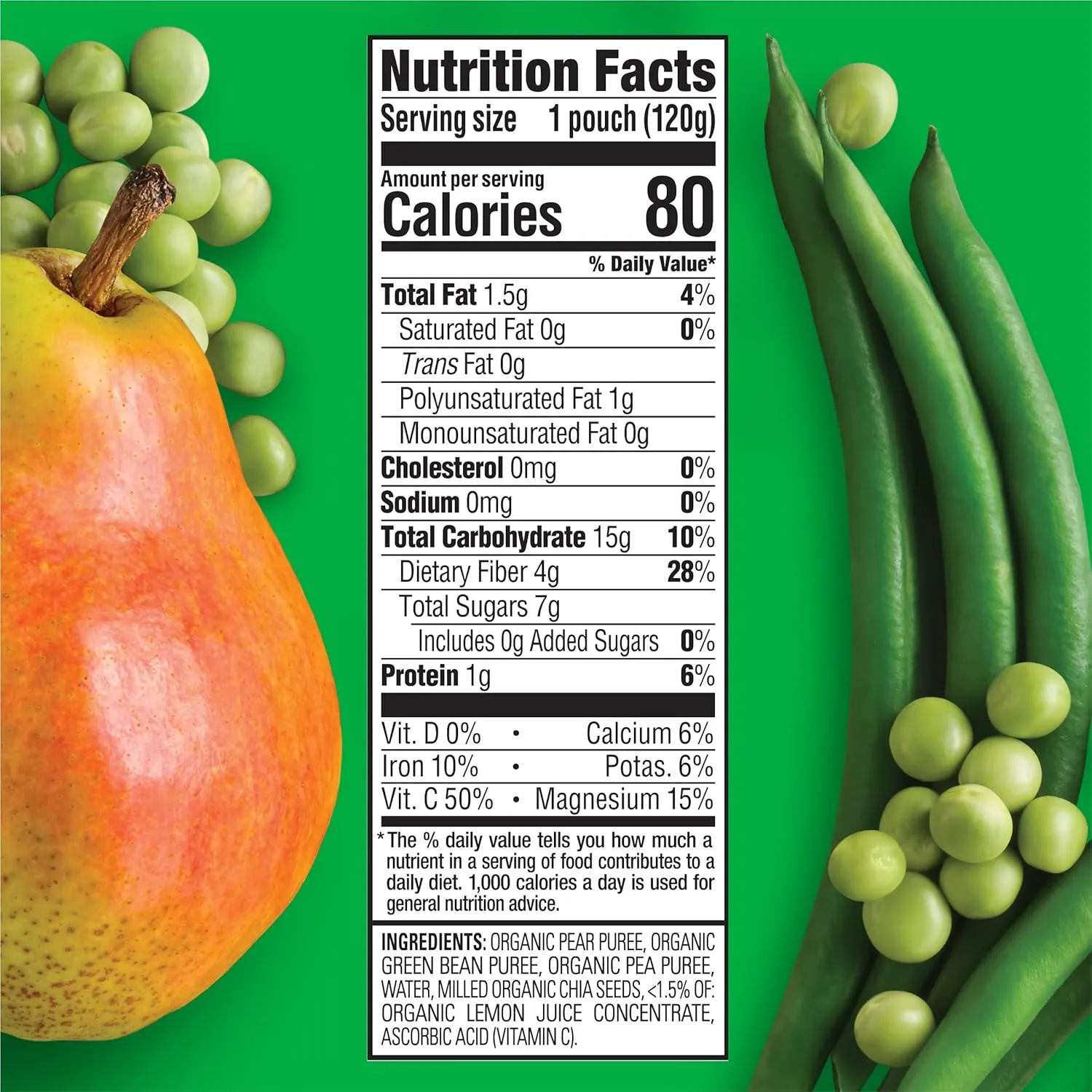 Happy Tot Organics Stage 4 Baby Food Pouches, Gluten Free, Vegan Snack, SuperFoods Fruit & Veggie Puree, Pears, Peas, Green Beans & Chia, 4.22 Ounce (Pack of 16)