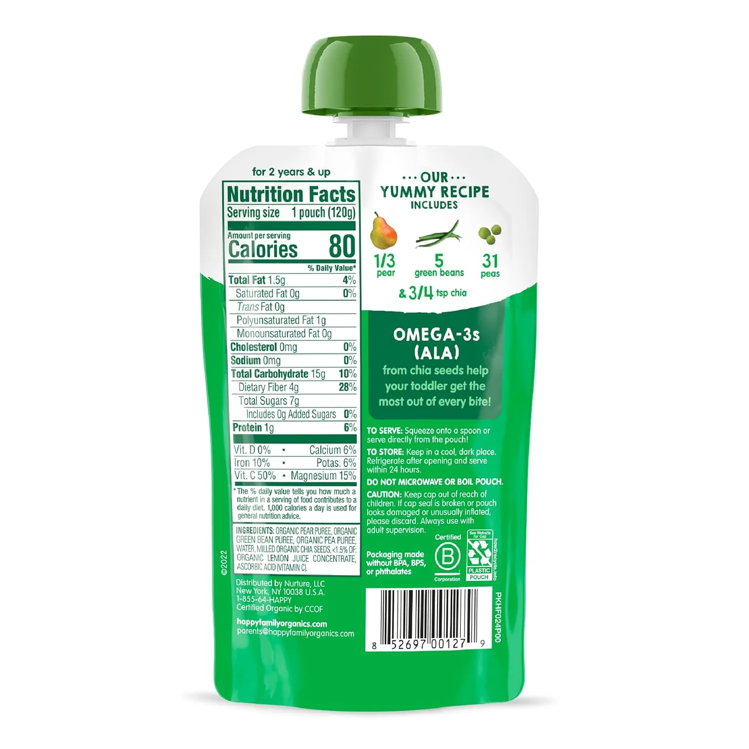 Happy Tot Organics Stage 4 Baby Food Pouches, Gluten Free, Vegan Snack, SuperFoods Fruit & Veggie Puree, Pears, Peas, Green Beans & Chia, 4.22 Ounce (Pack of 16)