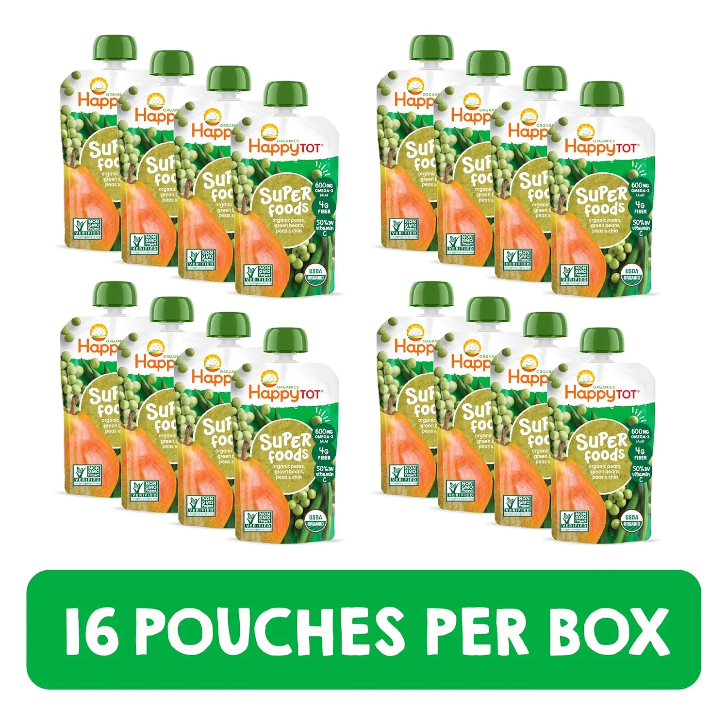 Happy Tot Organics Stage 4 Baby Food Pouches, Gluten Free, Vegan Snack, SuperFoods Fruit & Veggie Puree, Pears, Peas, Green Beans & Chia, 4.22 Ounce (Pack of 16)