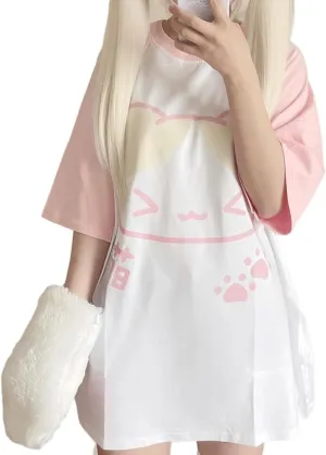 Harajuku Kawaii Gothic Clothes Casual Crewneck Pink Raglan Sleeve Cartoon Graphic Cute Kitty Print T-Shirt