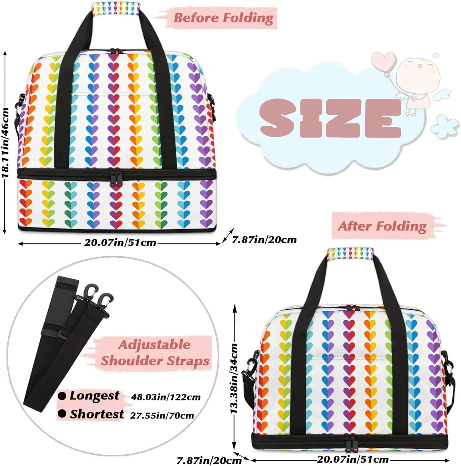 Heart Rainbow ArtTravel Duffel Bags for Women & Men Large Sports Gym Bags Foldie Weekender Overnight Bag Carry On Tote Bag With Shoe Compartment Personal Item Bag for Travel Sports Gym