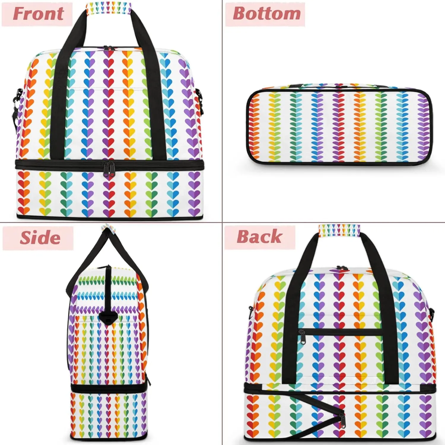 Heart Rainbow ArtTravel Duffel Bags for Women & Men Large Sports Gym Bags Foldie Weekender Overnight Bag Carry On Tote Bag With Shoe Compartment Personal Item Bag for Travel Sports Gym