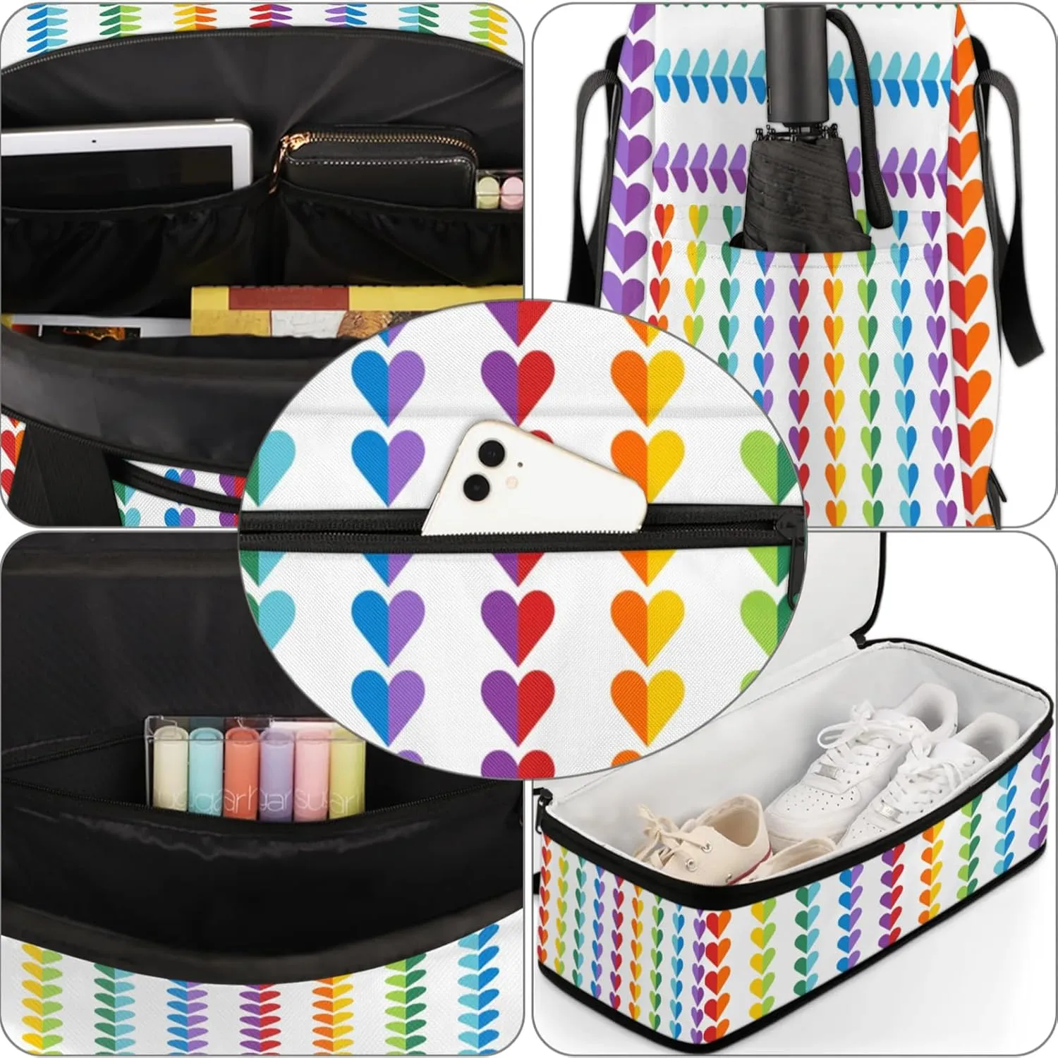 Heart Rainbow ArtTravel Duffel Bags for Women & Men Large Sports Gym Bags Foldie Weekender Overnight Bag Carry On Tote Bag With Shoe Compartment Personal Item Bag for Travel Sports Gym