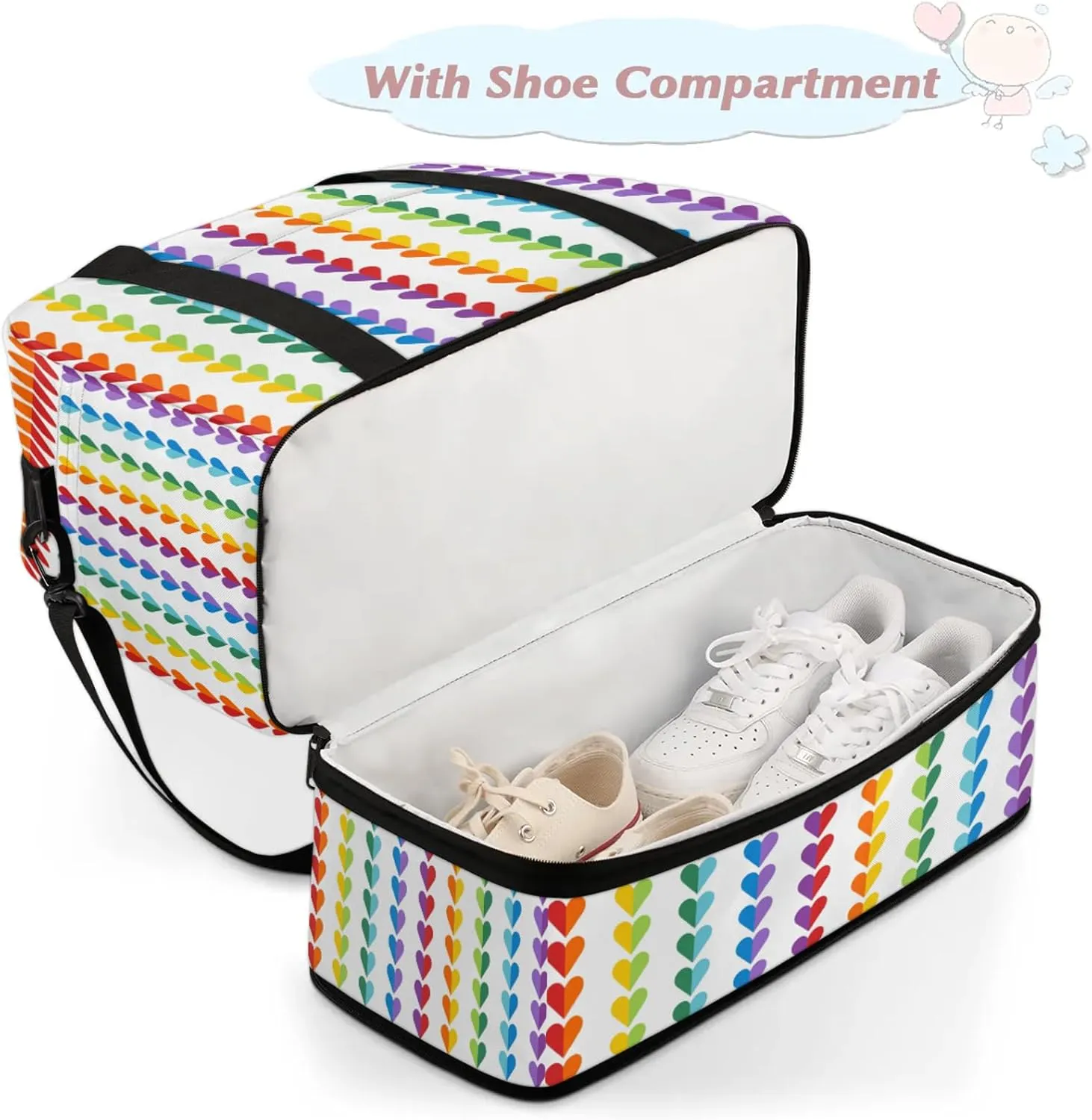 Heart Rainbow ArtTravel Duffel Bags for Women & Men Large Sports Gym Bags Foldie Weekender Overnight Bag Carry On Tote Bag With Shoe Compartment Personal Item Bag for Travel Sports Gym
