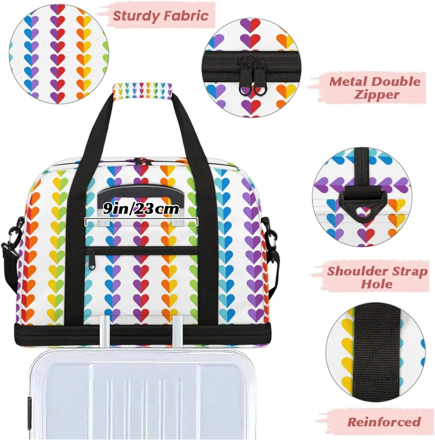 Heart Rainbow ArtTravel Duffel Bags for Women & Men Large Sports Gym Bags Foldie Weekender Overnight Bag Carry On Tote Bag With Shoe Compartment Personal Item Bag for Travel Sports Gym