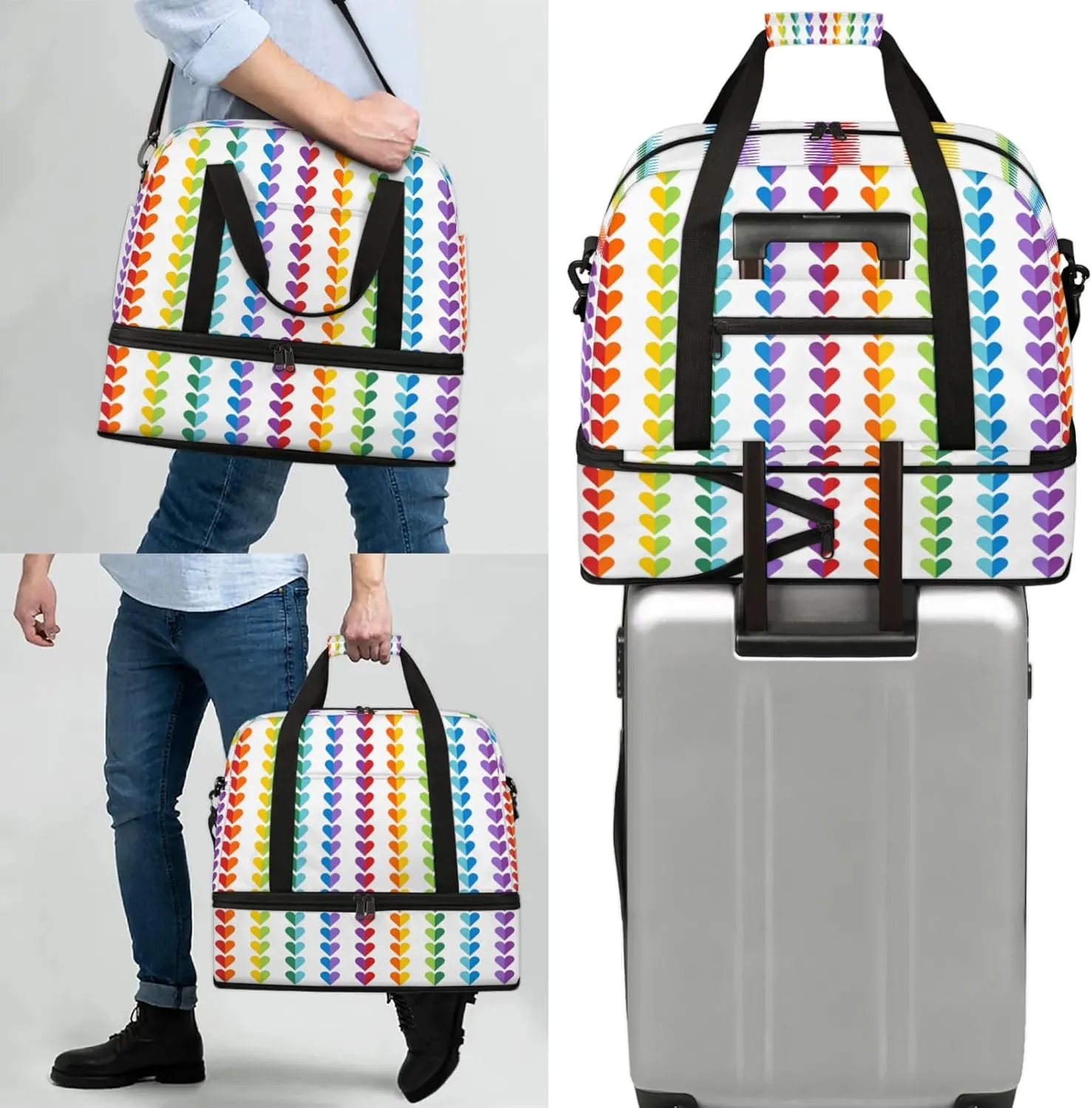 Heart Rainbow ArtTravel Duffel Bags for Women & Men Large Sports Gym Bags Foldie Weekender Overnight Bag Carry On Tote Bag With Shoe Compartment Personal Item Bag for Travel Sports Gym
