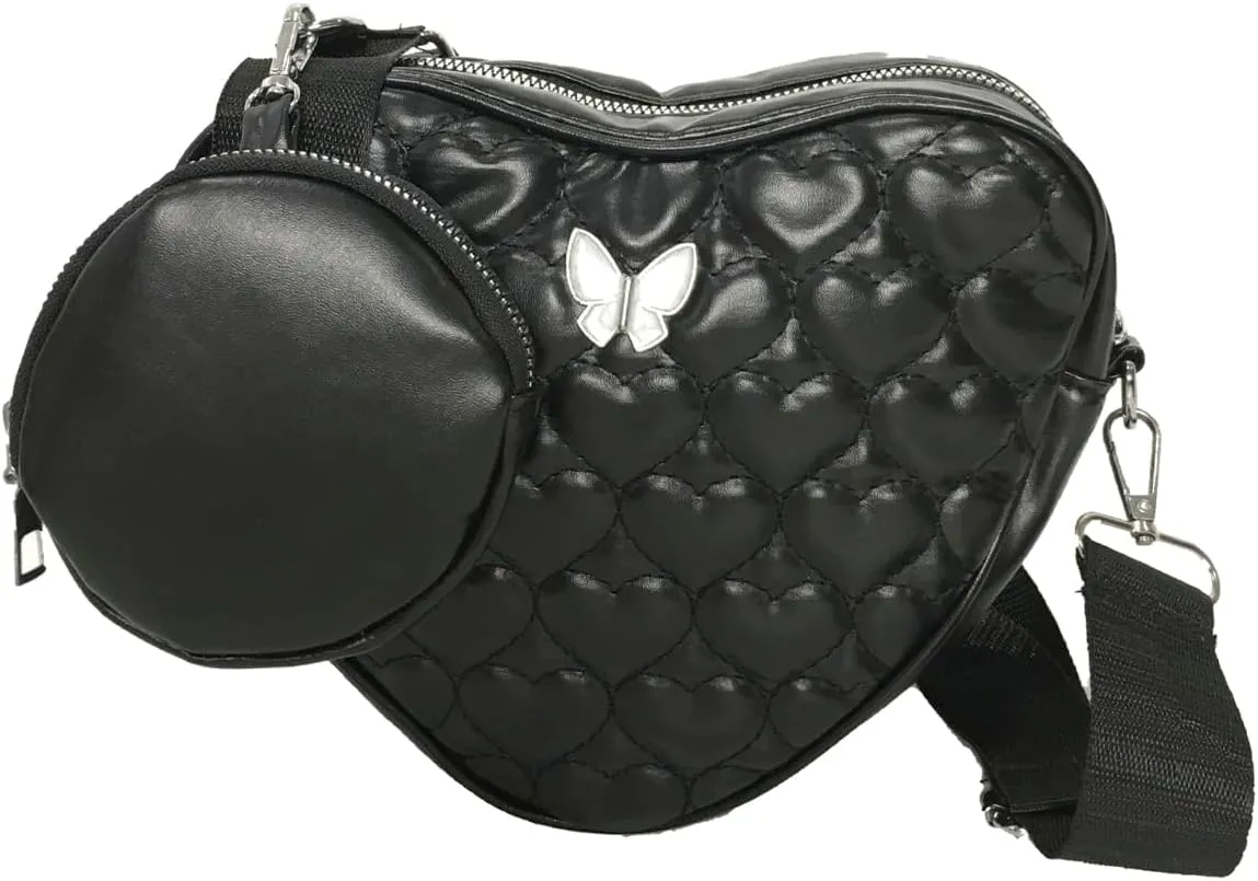 Hearts A Flutter Heart-Shaped Quilted Faux Leather Crossbody Bag, Black