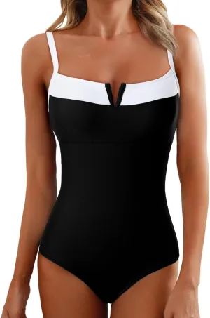 Herseas Women's V Wire One Piece Swimsuit Color Block Patchwork Bathing Suit