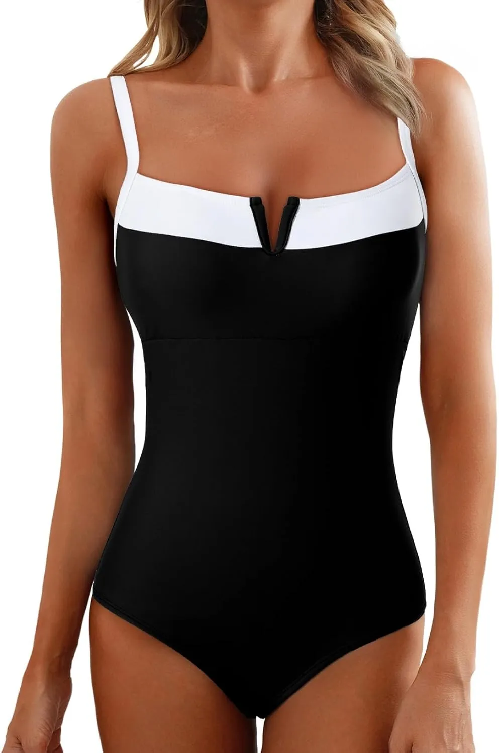Herseas Women's V Wire One Piece Swimsuit Color Block Patchwork Bathing Suit