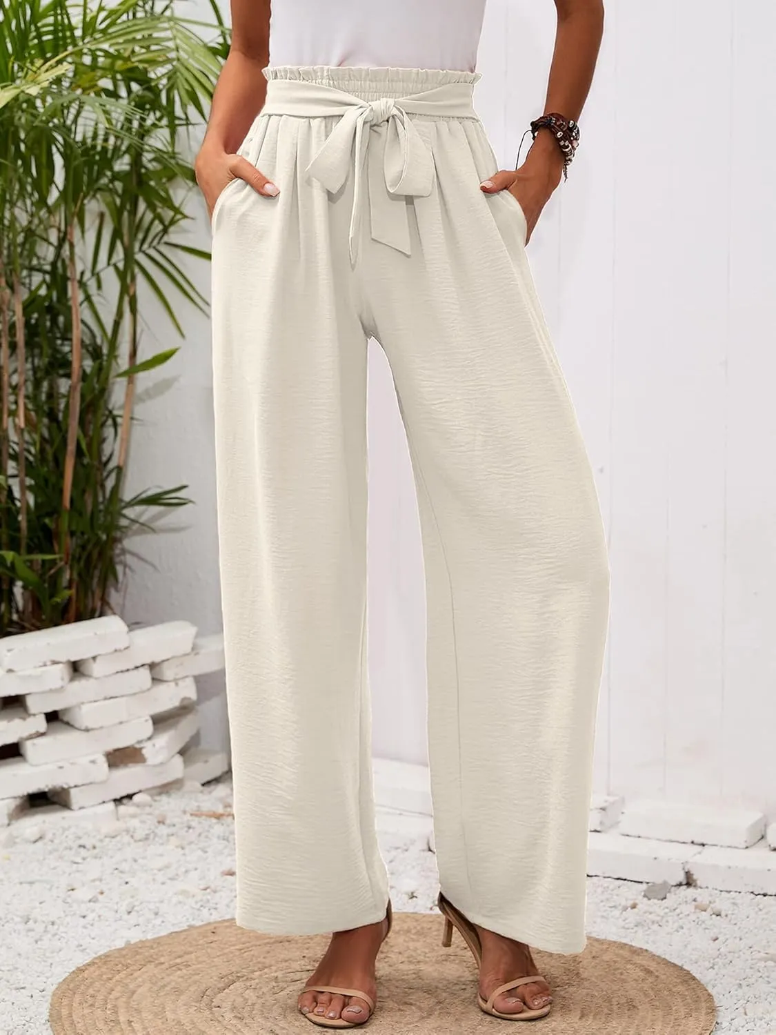 Heymoments Women's Wide Leg Lounge Pants with Pockets Lightweight High Waisted Adjustable Tie Knot Loose Trousers