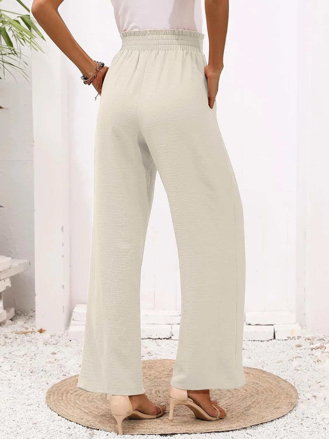 Heymoments Women's Wide Leg Lounge Pants with Pockets Lightweight High Waisted Adjustable Tie Knot Loose Trousers