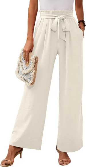 Heymoments Women's Wide Leg Lounge Pants with Pockets Lightweight High Waisted Adjustable Tie Knot Loose Trousers