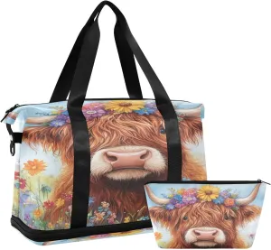 Highland Calf with Flowers Gym Bag for Women Sport Travel Duffel Bag Shoulder Weekender Overnight Bags with Wet Pocket & Shoe Compartment
