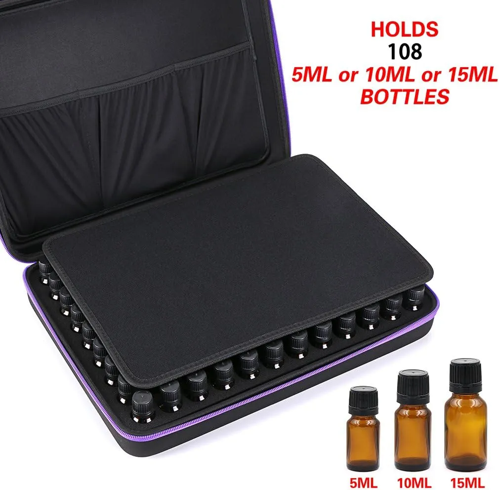 Hipiwe 108 Essential Oils Carrying Case Holds 5ml, 10ml, 15ml Bottles Hard Shell Exterior EVA Essential Oils Storage Organzier Bag with Foam Insert and Carrying Handle
