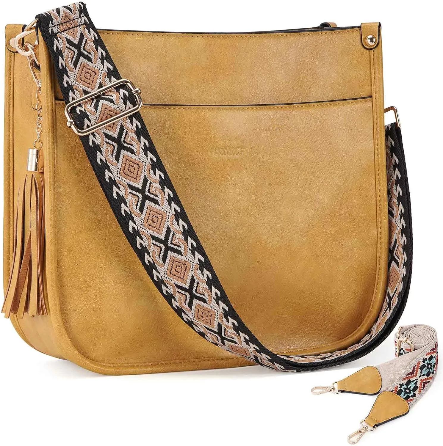 HKCLUF Vegan Leather Crossbody Bags Purse for Women Trendy Tassel Hobo Handbag Women With 2PCS Adjustable Guitar Strap